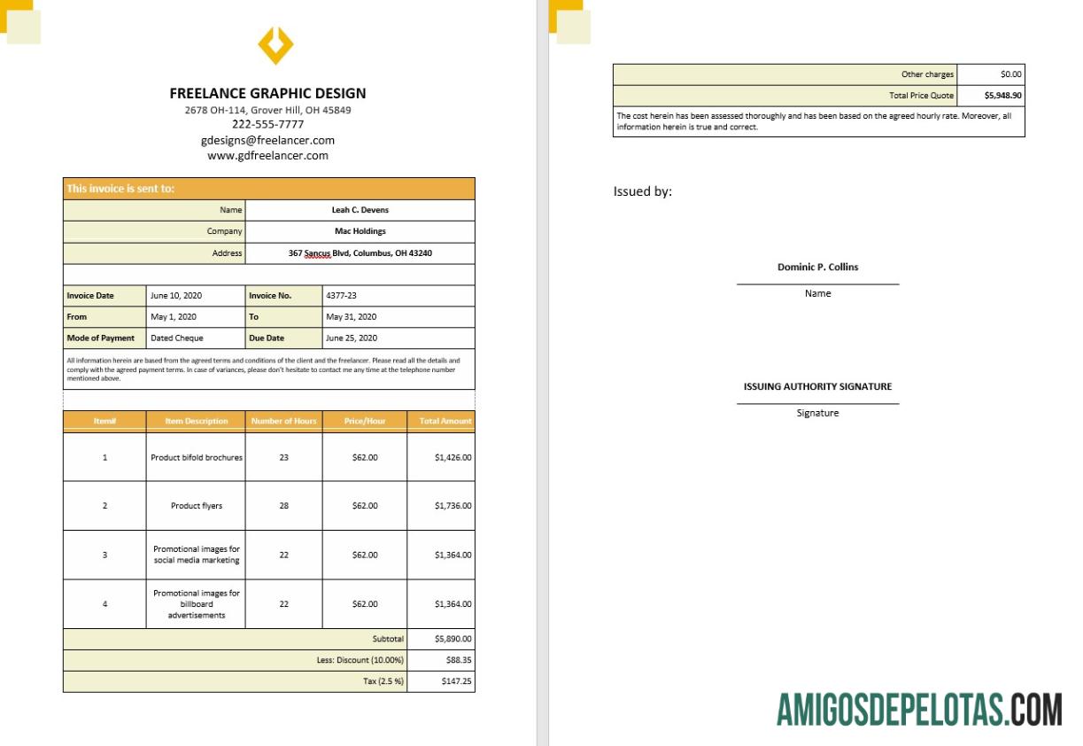 Fatura por hora freelance grátis exemplo